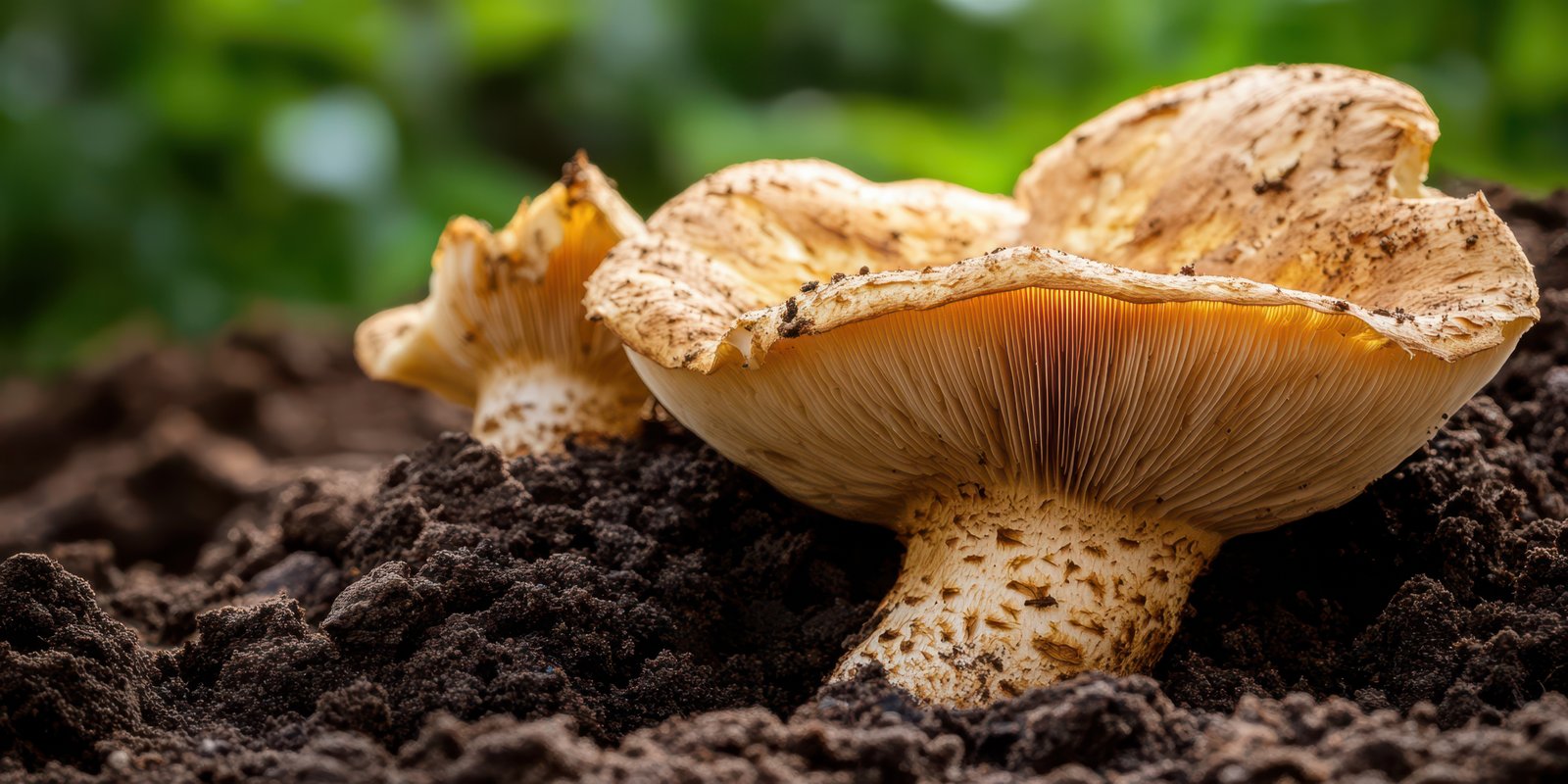 Unique mushrooms emerge from dark soil in a lush garden setting during the afternoon light